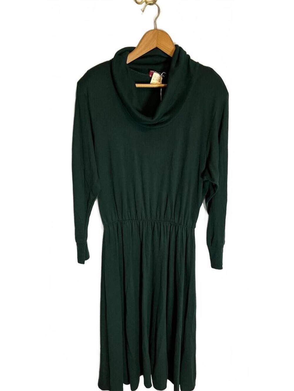 MHM Modest Womens Size 15 Vintage Dress Green Cowl neck MIDI Long Sleeve